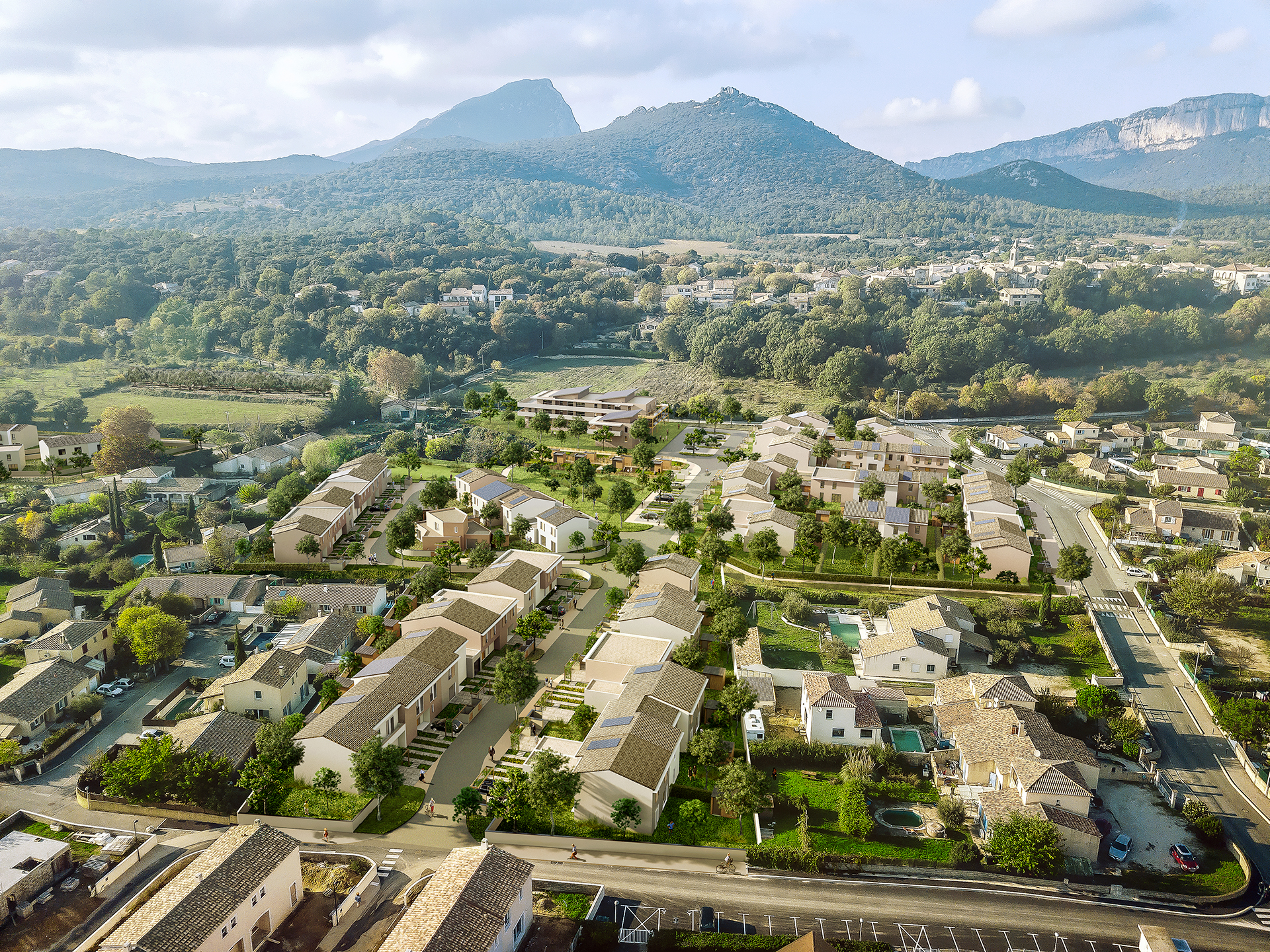 Photomontage architectural aérien réalisé à partir d'une vue drone pour un projet d'agroquartier dans l'Hérault.