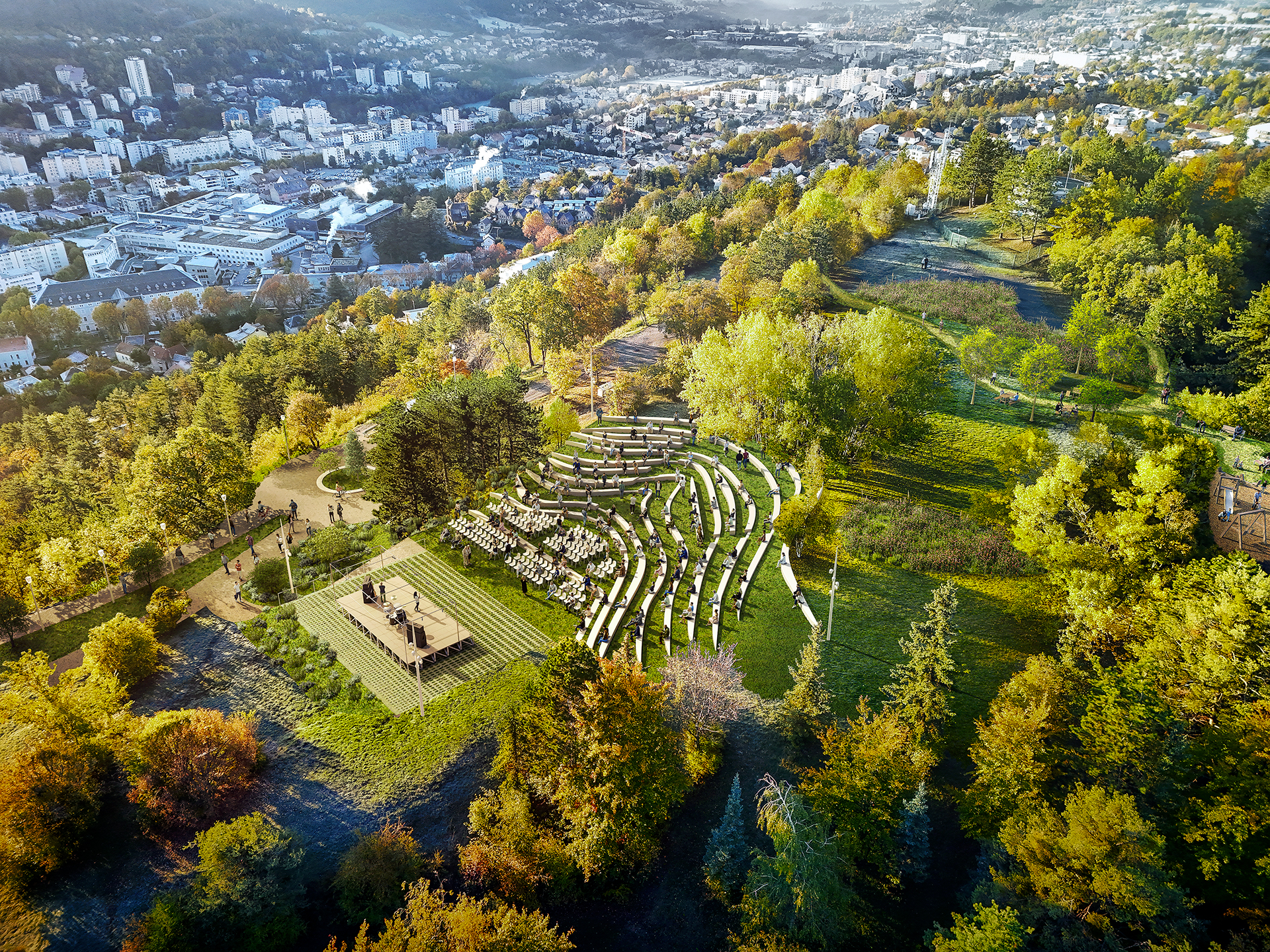 perspective aérienne drone théâtre de verdure Gap Hautes-Alpes gradins béton Ezrati Commine Architectes