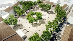 Vue aérienne photoréaliste rénovation place Bonaparte Cuers – aménagement urbain, dalles pierre et mobilier urbain en centre ancien