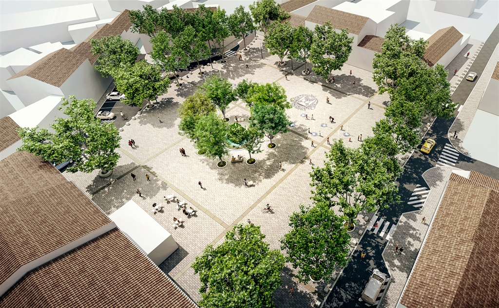 Vue aérienne photoréaliste rénovation place Bonaparte Cuers – aménagement urbain, dalles pierre et mobilier urbain en centre ancien