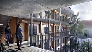 Vue extérieure du projet de résidence universitaire à Leipzig, dans un cadre moderne et lumineux - Aline Hielscher Architektur - Studio GLOW