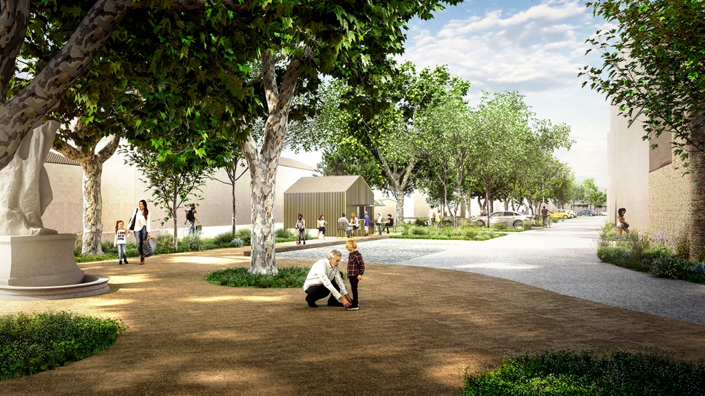 Perspective photoréaliste réaménagement esplanade Gignac – kiosque métal, végétation locale et espace public