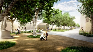 Perspective photoréaliste réaménagement esplanade Gignac – kiosque métal, végétation locale et espace public