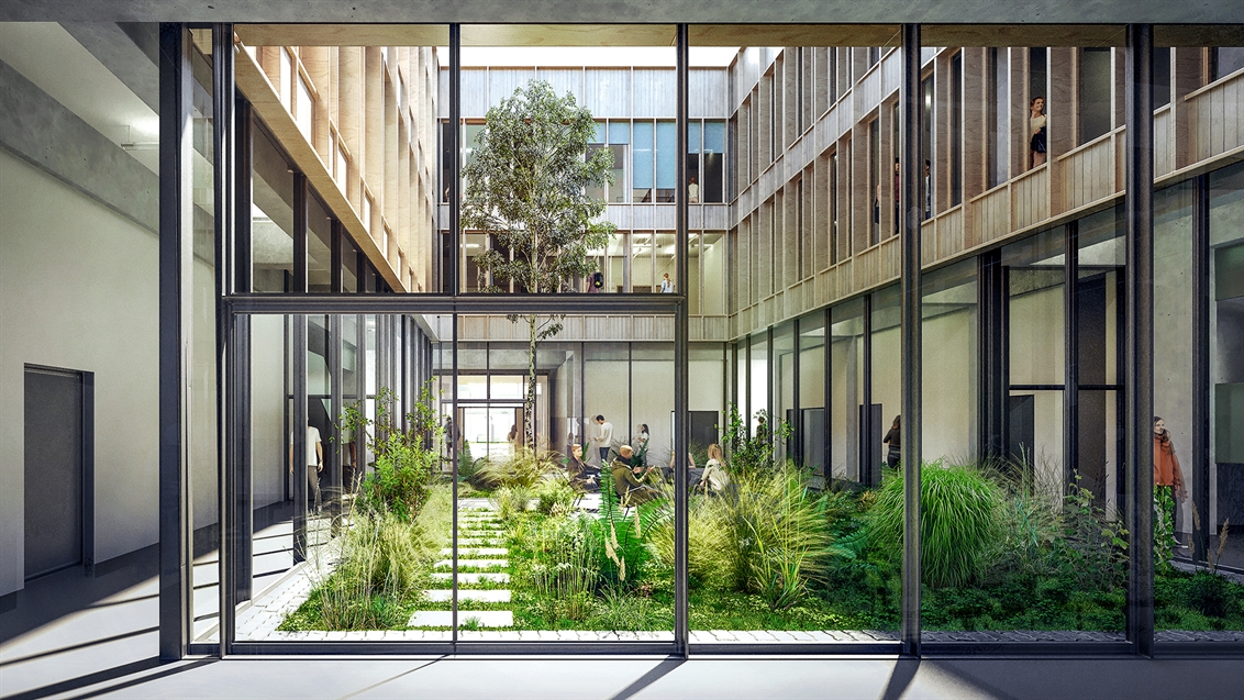 perspective intérieure patio végétalisé laboratoire universitaire Halle Allemagne Aline Hielscher Architektur