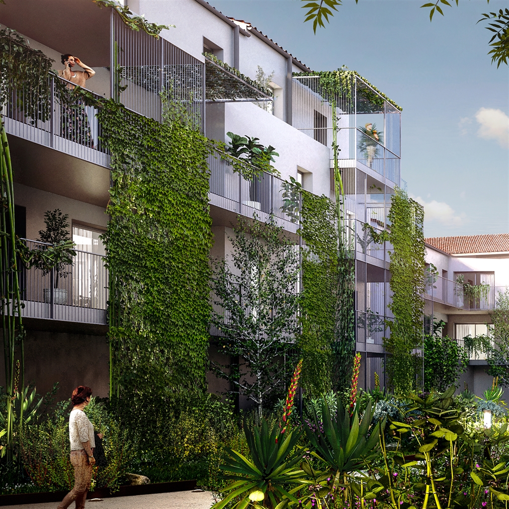 Détail taille réelle d'impression - jardin intérieur logements collectifs Narbonne – détail végétation verticale et balcons filants