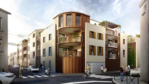 Perspective photoréaliste logements collectifs Narbonne – immeuble Impérial, façades corten, loggias, brise-soleils, vue rue – AD Architecture – Groupe Sangalli et Maratuech - Studio GLOW