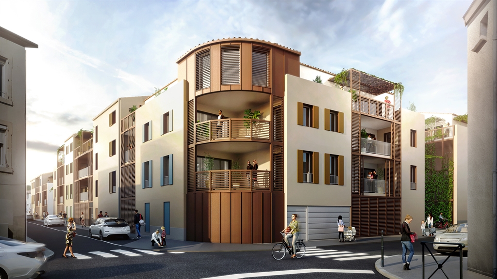 Perspective photoréaliste logements collectifs Narbonne – immeuble Impérial, façades corten, loggias, brise-soleils, vue rue – AD Architecture – Groupe Sangalli et Maratuech - Studio GLOW