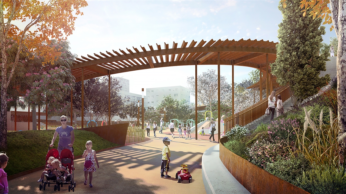perspective pour le projet du parc Plaine Busserine Marseille (13) - Perspective d'ambiance d'une promenade familiale sous pergola bois et végétalisation