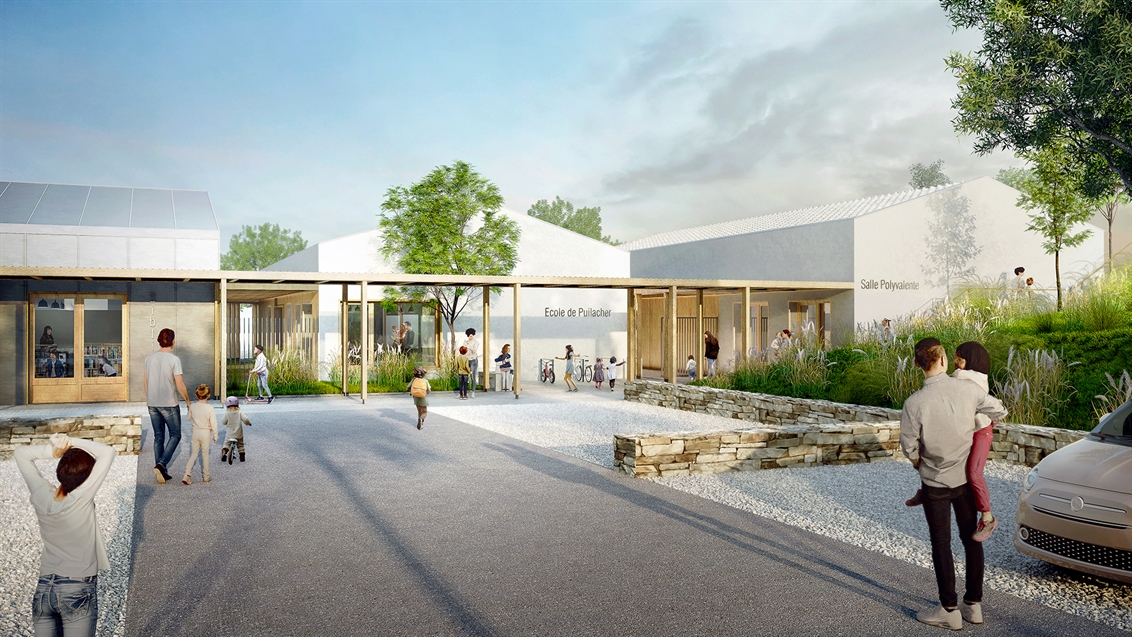 perspective entrée école élémentaire Puilacher Hérault projet lauréat AJA architectes