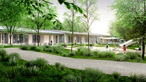 Perspective photoréaliste école élémentaire Schönwald Allemagne – façade béton vert matricé et menuiseries bois